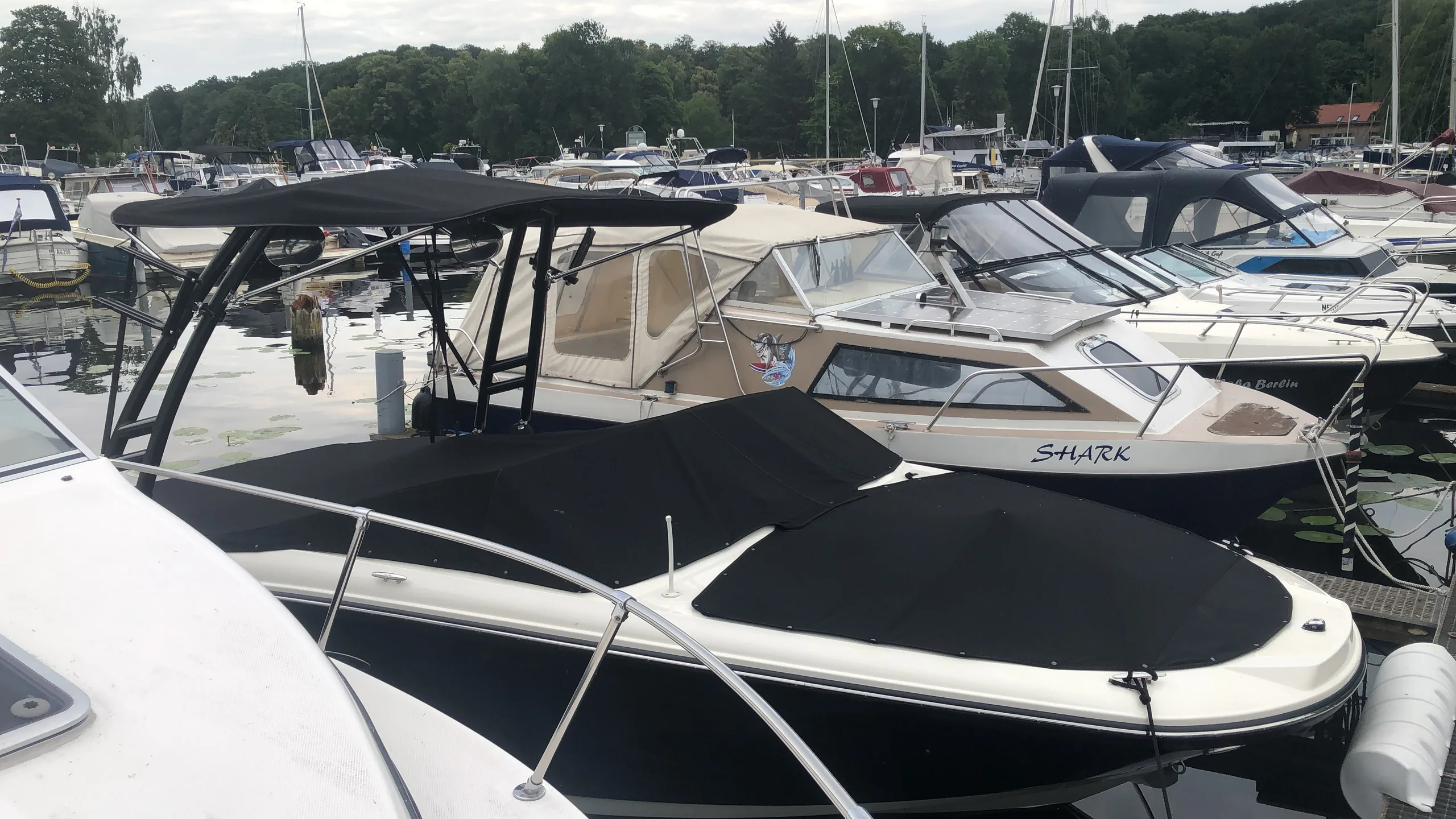 Schwarzes Motorboot mit straff gespannter Cockpitabdeckung am Liegeplatz.